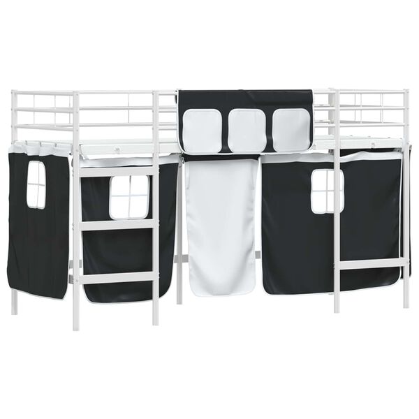 vidaXL Kids'Loft Bed Frame with Curtains White and Black 75 x 190 cm