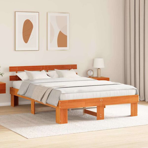 vidaXL Bed Frame with Headboard Wax Brown 150 x 200 cm Solid Pine Wood