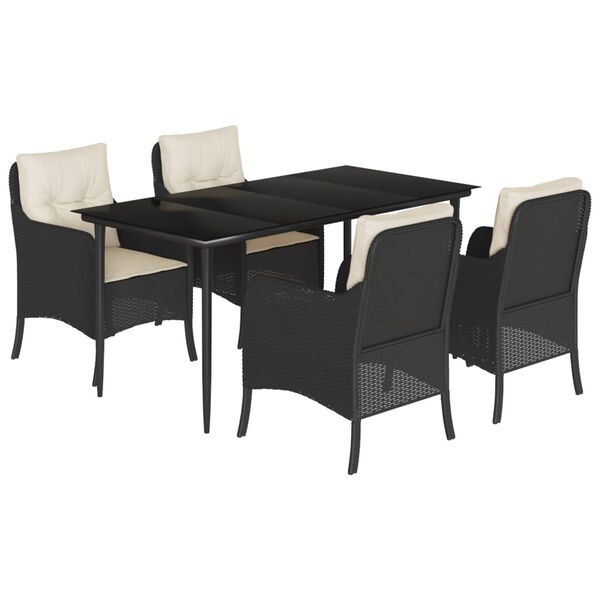 vidaXL 5 Piece Garden Dining Set with Cushions Black Poly Rattan