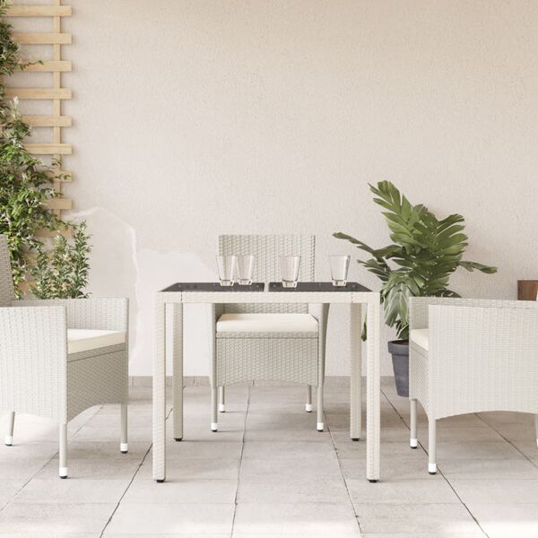 vidaXL Garden Table with Glass Top White 90x90x75 cm Poly Rattan
