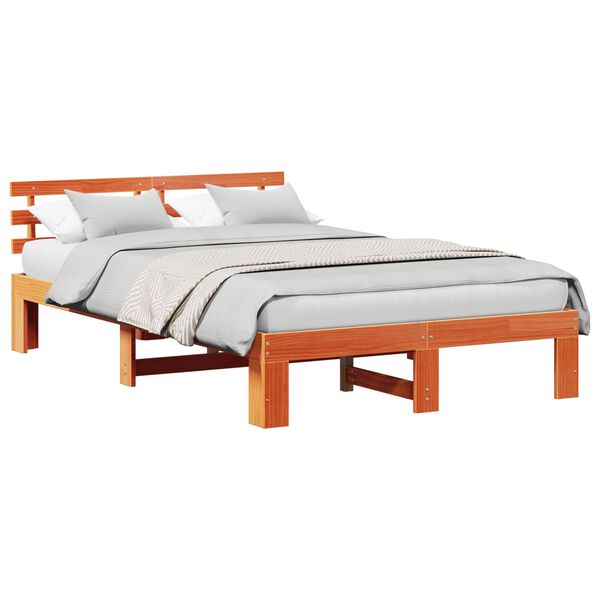 vidaXL Bed Frame with Headboard Wax Brown 135 x 190 cm Solid Pine Wood