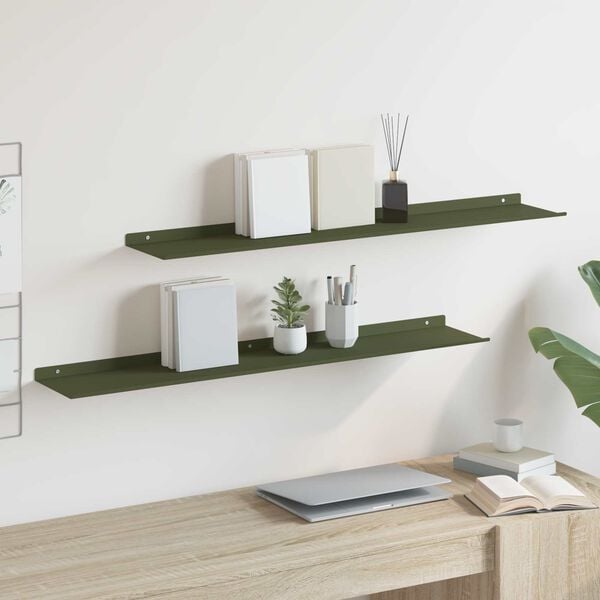 vidaXL Floating Shelf 2 pcs Olive Green 100 x 18 x 2.5 cm Steel