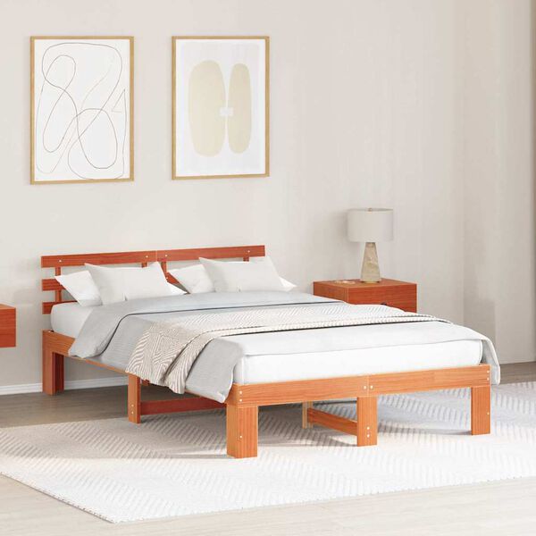 vidaXL Bed Frame with Headboard Wax Brown 135 x 190 cm Solid Pine Wood