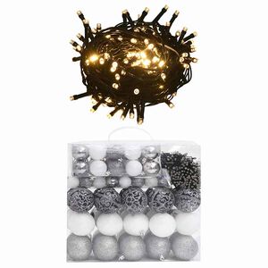 vidaXL 120 Piece Christmas Ball Set with Peak and 300 LEDs White&Gey