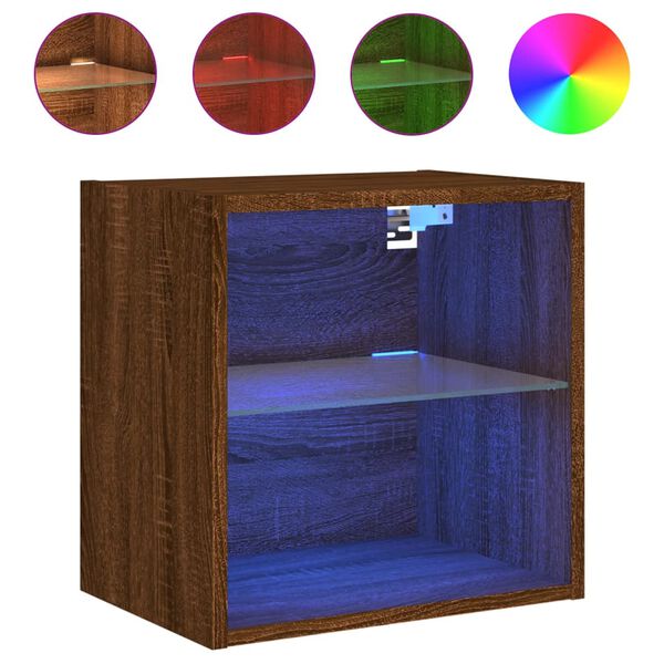vidaXL Bedside Cabinet with LED Lights Wall-mounted Brown Oak