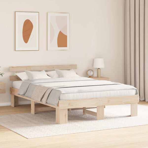 vidaXL Bed Frame with Headboard Natural 140 x 200 cm Solid Pine Wood