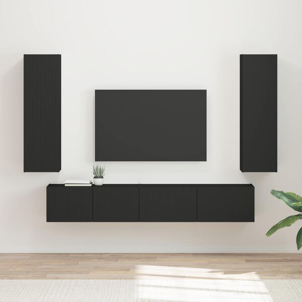 vidaXL TV Cabinet Set Wall-mounted 3 pcs Black Engineered Wood
