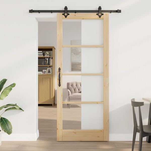 vidaXL Sliding Door Natural 86 x 211 cm Solid Pine Wood and Glass