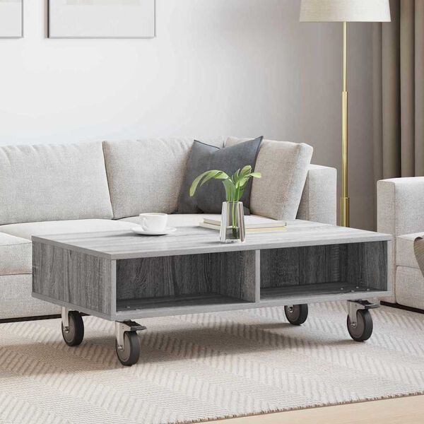 vidaXL Side Table with Wheels Grey Sonoma 90 x 50 x 30 cm
