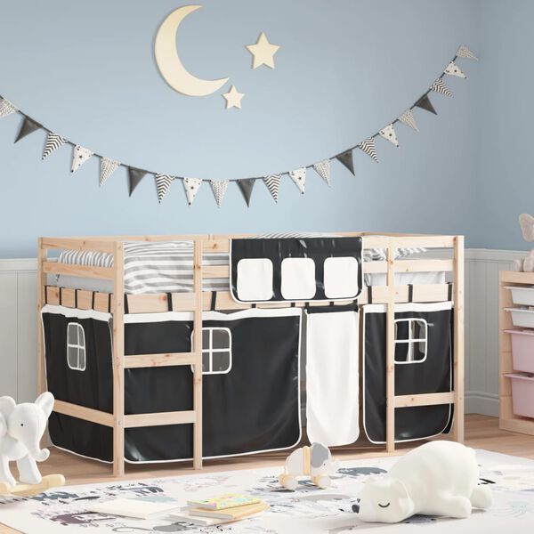 vidaXL Kids' Loft Bed with Curtains without Mattress White&Black 90x190cm