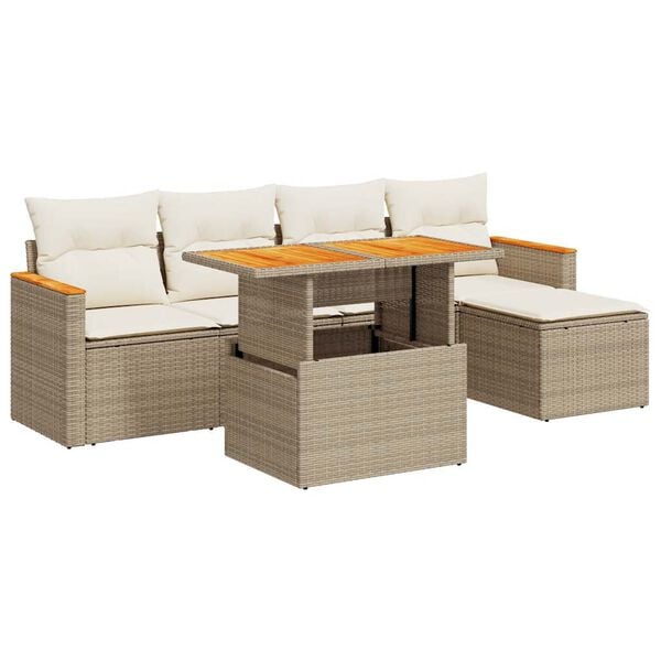 vidaXL 6 Piece Garden Sofa Set with Cushions Beige Poly Rattan Acacia