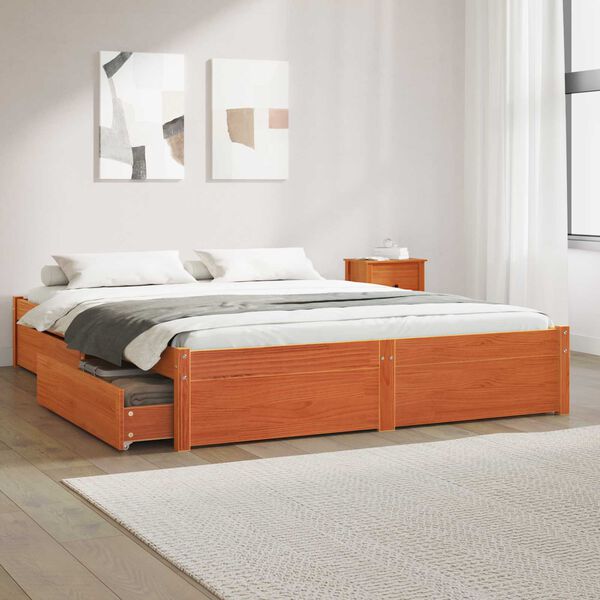 vidaXL Bed Frame with Drawer Wax Brown 140 x 200 cm Solid Pine Wood