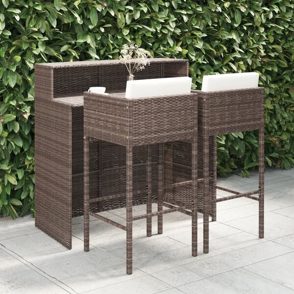 vidaXL 3 Piece Garden Bar Set with Cushions Poly Rattan Brown