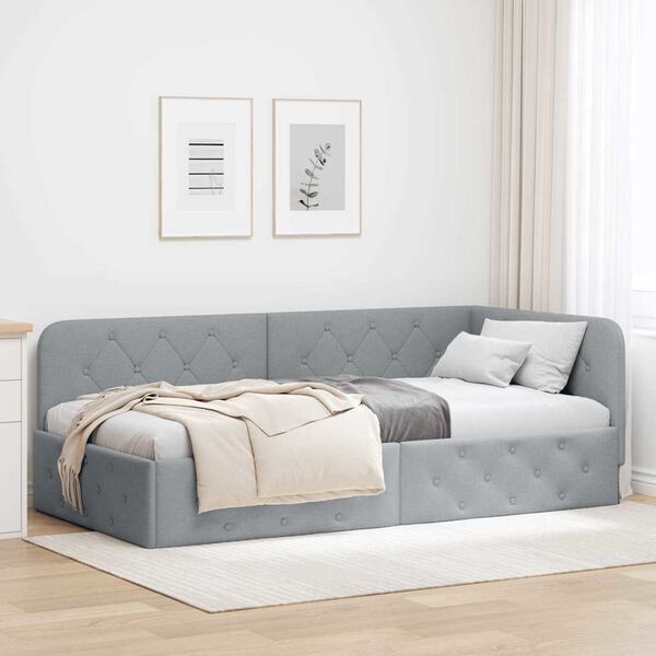 vidaXL Corner Bed Frame with Headboard Light Grey 90 x 190 cm Fabric
