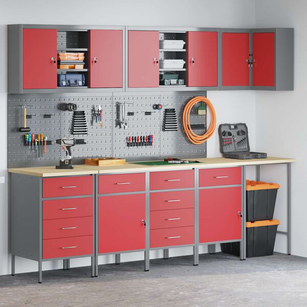 vidaXL Work Cabinet Set with Drawer with Shelf 12 pcs Red and Grey