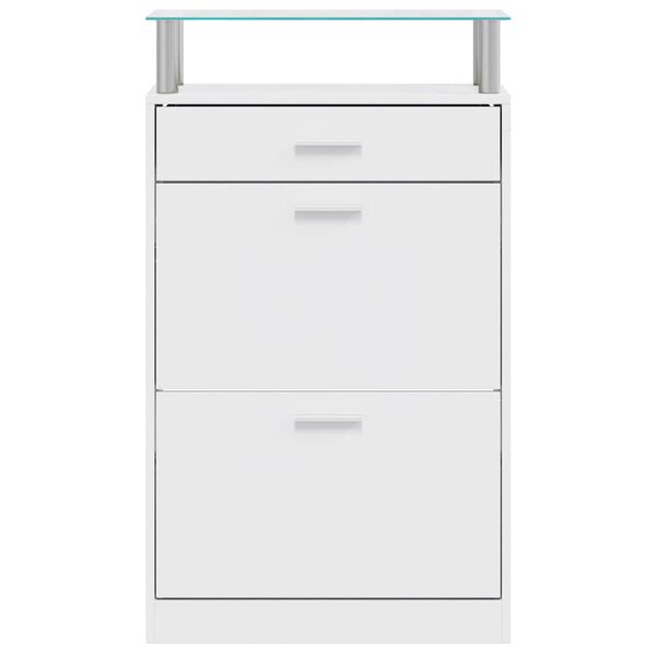 vidaXL Shoe Cabinet with a Drawer and a Top Glass Shelf Wood White