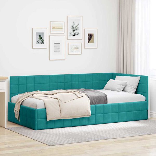 vidaXL Corner Bed Frame with Headboard Turquoise 90 cm x 200 cm Velvet