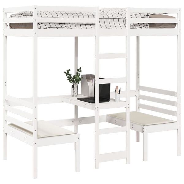 vidaXL Loft Bed Frame with Desk and Chairs White 90x200cm Solid Wood Pine