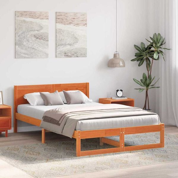 vidaXL Bed Frame with Headboard Wax Brown 120 x 190 cm Solid Pine Wood