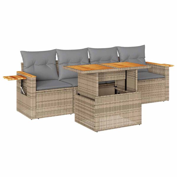 vidaXL 5 Piece Garden Sofa Set with Cushions Beige Poly Rattan Acacia