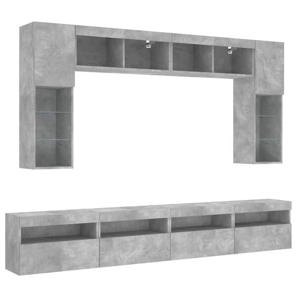 vidaXL 8 Piece TV Wall Cabinet Set with LED Lights Concrete Grey