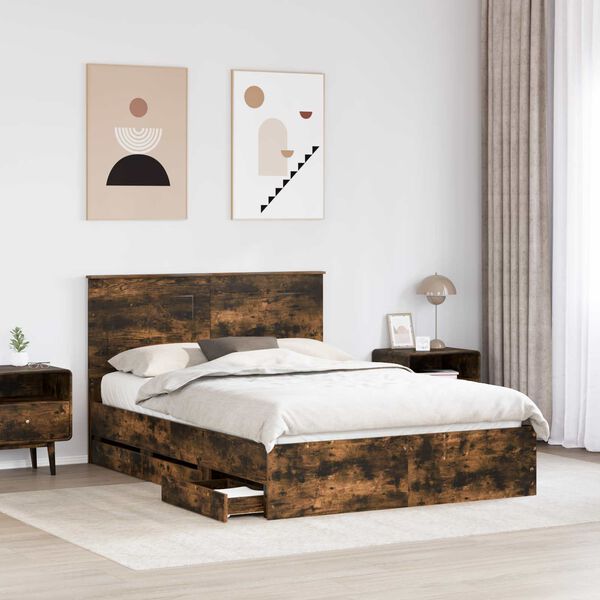 vidaXL Bed Frame with Drawer Smoked Oak 140 x 200 cm Engineer Wood