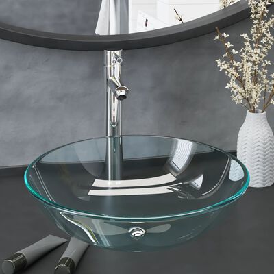 vidaXL Bathroom Sink with Tap and Push Drain Clear Tempered Glass