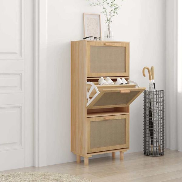 vidaXL Shoe Cabinet Brown 52x25x115 cm Engineered Wood&Natural Rattan