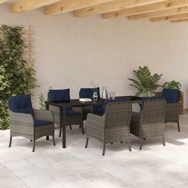 vidaXL Garden Dining Set with Cushion 7 pcs Grey Poly Rattan