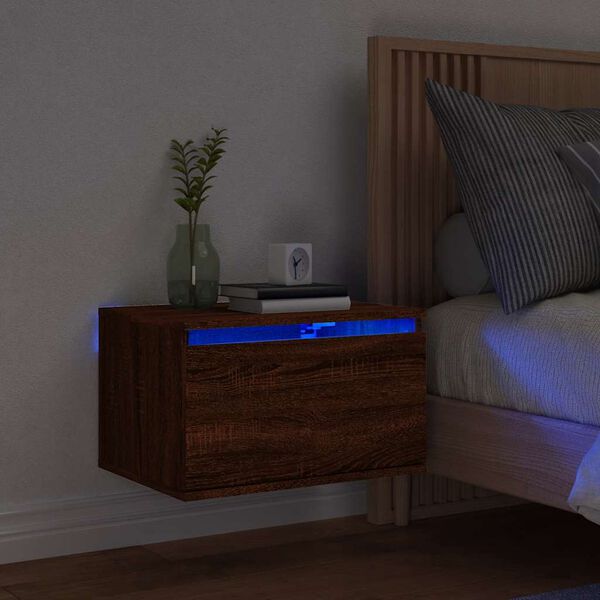 vidaXL Wall-mounted Bedside Cabinet with LED Lights Brown Oak