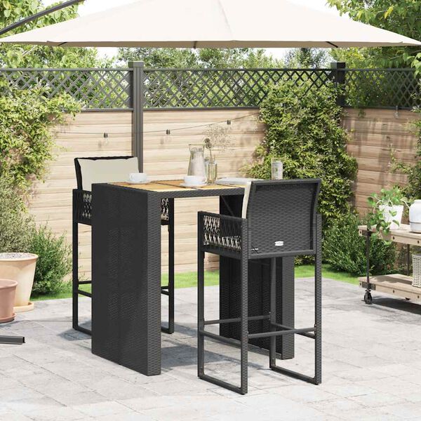 vidaXL 3 Piece Garden Bar Set with Cushions Black Poly Rattan Acacia