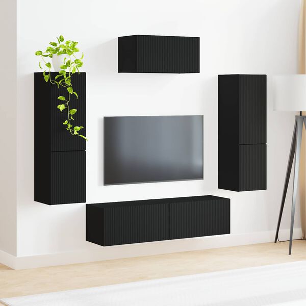 vidaXL TV Cabinet Set Wall-mounted 4 pcs Black Engineered Wood
