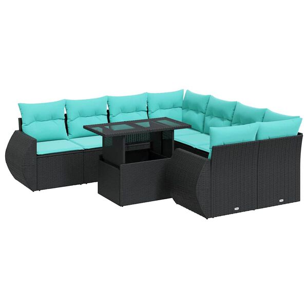 vidaXL 9 Piece Garden Sofa Set with Cushions Black Poly Rattan Acacia