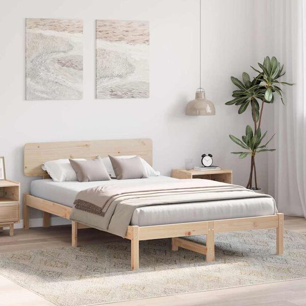 vidaXL Bed Frame with Headboard Natural 135 x 190 cm Solid Pine Wood