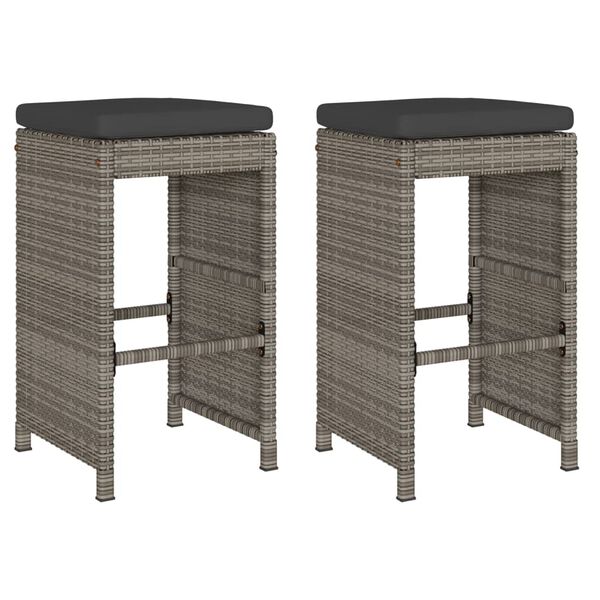 vidaXL Garden Bar Stools with Cushions 2 pcs Grey Poly Rattan