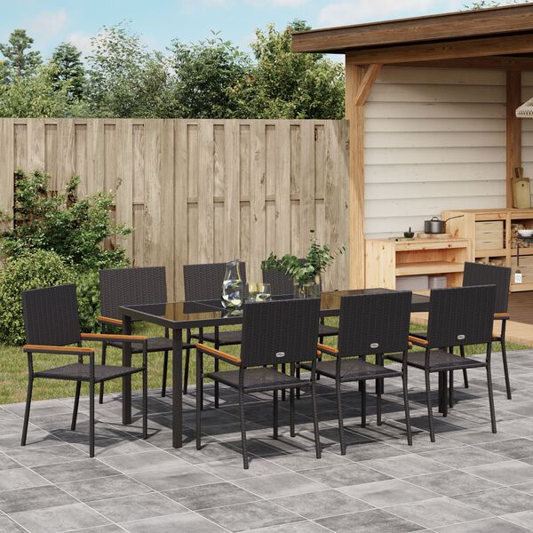 vidaXL Garden Dining Set with Cushion 9 pcs Black Poly Rattan