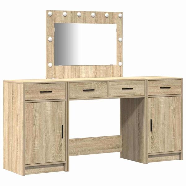 vidaXL Dressing Table with Mirror Lights 3 pcs Brown Engineered Wood