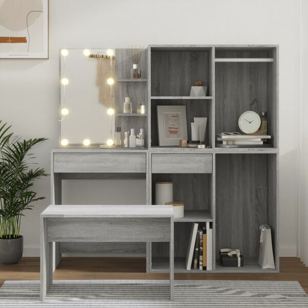 vidaXL Dressing Table Set with LED Grey Sonoma Engineered Wood