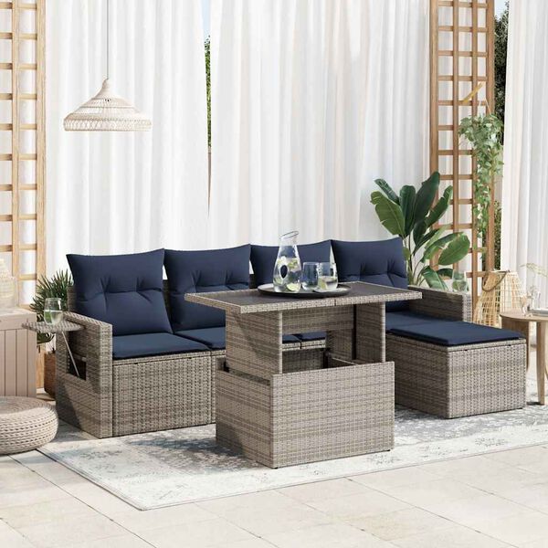 vidaXL 6 Piece Garden Sofa Set with Cushions Grey Poly Rattan Acacia