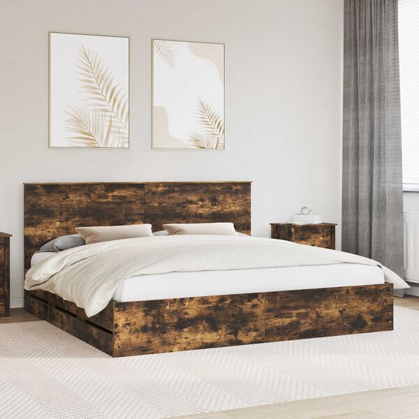 vidaXL Bed Frame with Headboard Smoked Oak 200 x 200 cm Engineer Wood