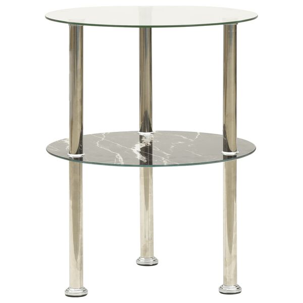 vidaXL 2-Tier Side Table Transparent & Black Marble 38 cm Tempered Glass