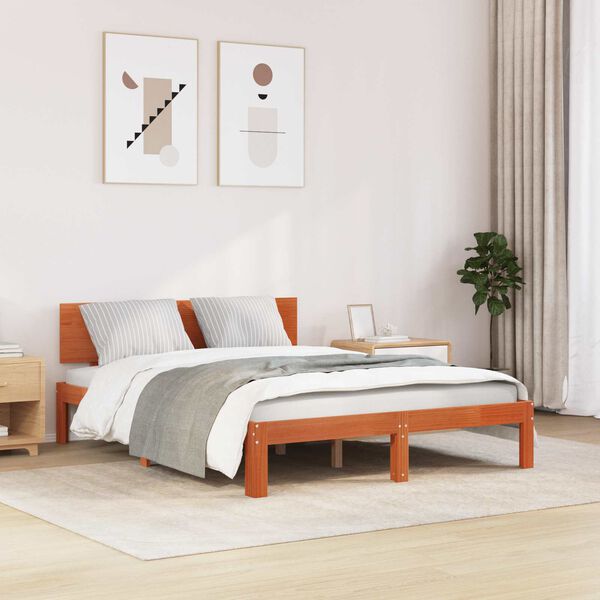 vidaXL Bed Frame with Headboard Wax Brown 120 x 190 cm Solid Pine Wood