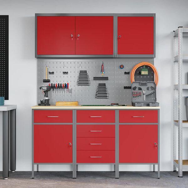 vidaXL Work Bench with Drawer 8 pcs Red 150 x 55 x 200 cm Steel