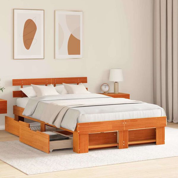 vidaXL Bed Frame with Headboard Wax Brown 120 x 200 cm Solid Pine Wood