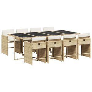 vidaXL 9 Piece Garden Dining Set with Cushions Beige Poly Rattan