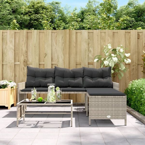 vidaXL Garden Sofa with Table and Cushions L-Shaped Light Grey Poly Rattan