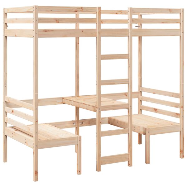 vidaXL Loft Bed Frame with Desk and Chairs 80x200cm Solid Wood Pine
