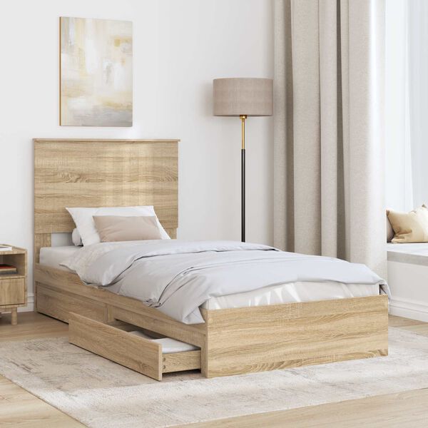 vidaXL Storage Bed with Drawer Sonoma Oak 90 x 190 cm Engineered Wood