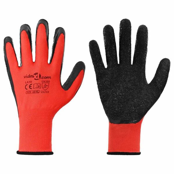 vidaXL Work Gloves 12 pcs Red and Black 10 / XL Latex Coating