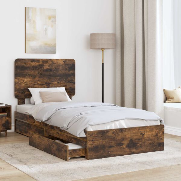 vidaXL Storage Bed with Drawer Smoked Oak 75 x 190 cm Engineered Wood